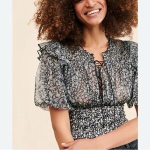 Free People Beatrice Sheer Floral Lace Up Smocked Puff Sleeve Top Whimsygoth S